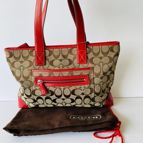 Coach Signature Tan and Red Leather Handbag Tote - Picture 6 of 8